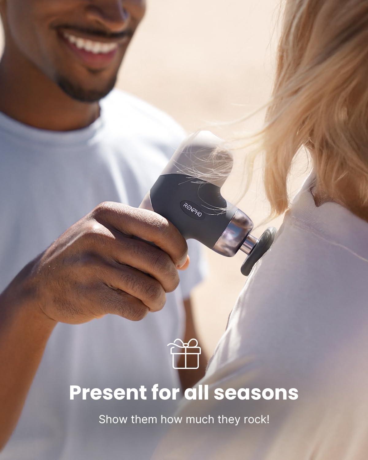 imageRENPHO Mini Thermal Massage Gun with Heat Portable Deep Tissue Percussion Massager Color Silicone Sleeves Travel Size with Carry CaseGray