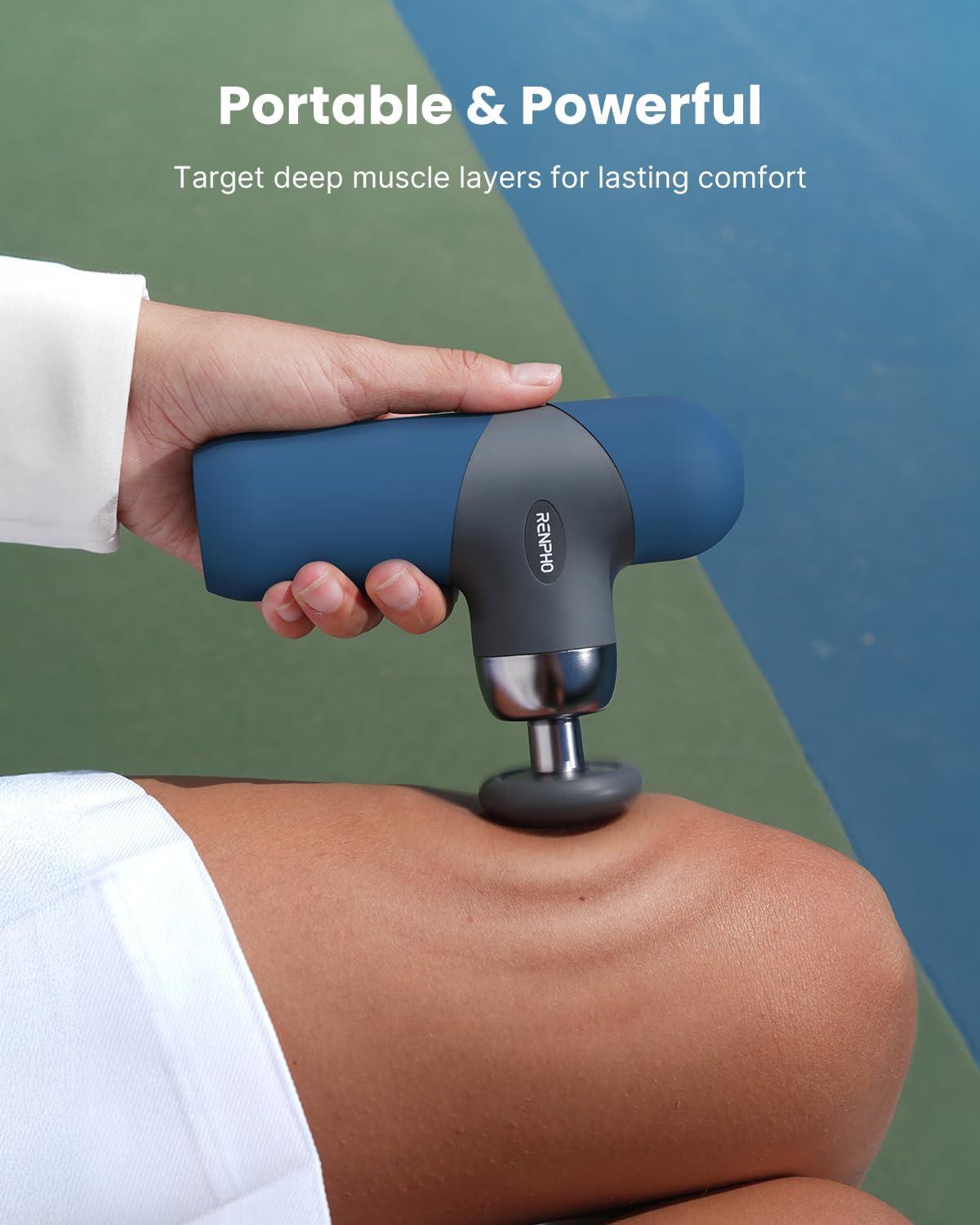 imageRENPHO Mini Thermal Massage Gun with Heat Portable Deep Tissue Percussion Massager Color Silicone Sleeves Travel Size with Carry CaseNavy