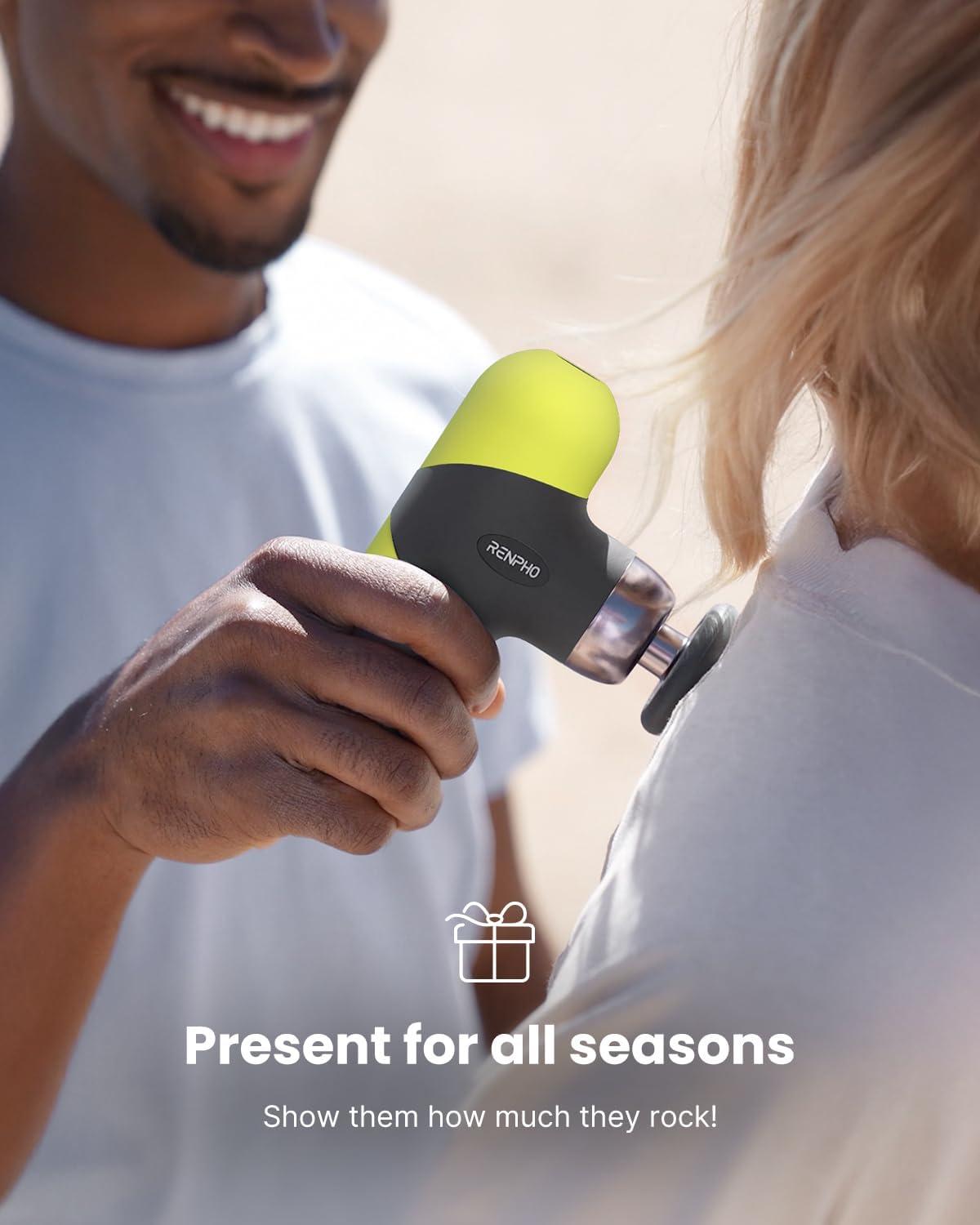 imageRENPHO Mini Thermal Massage Gun with Heat Portable Deep Tissue Percussion Massager Color Silicone Sleeves Travel Size with Carry CaseNeon Green