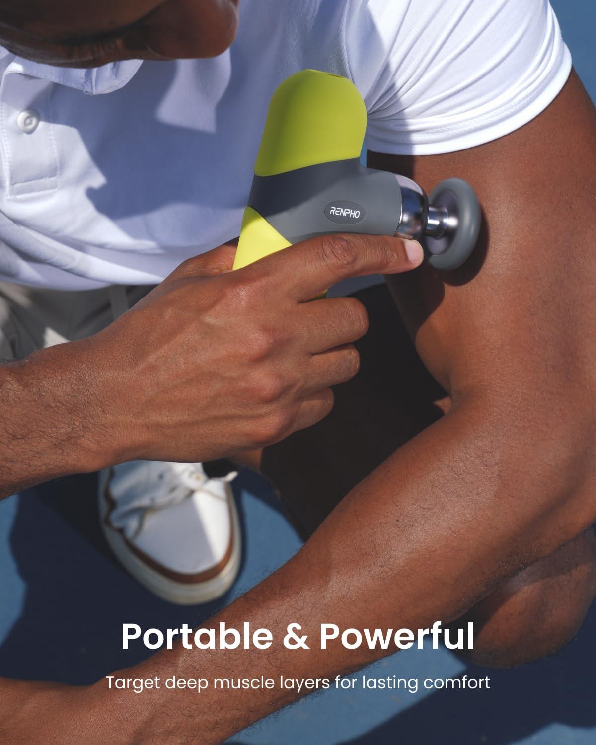 imageRENPHO Mini Thermal Massage Gun with Heat Portable Deep Tissue Percussion Massager Color Silicone Sleeves Travel Size with Carry CaseNeon Green