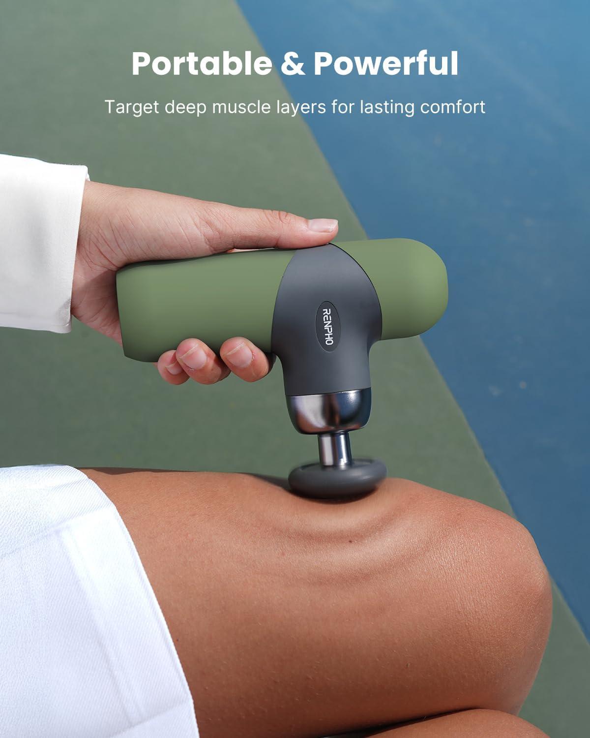 imageRENPHO Mini Thermal Massage Gun with Heat Portable Deep Tissue Percussion Massager Color Silicone Sleeves Travel Size with Carry CaseOlive Drab