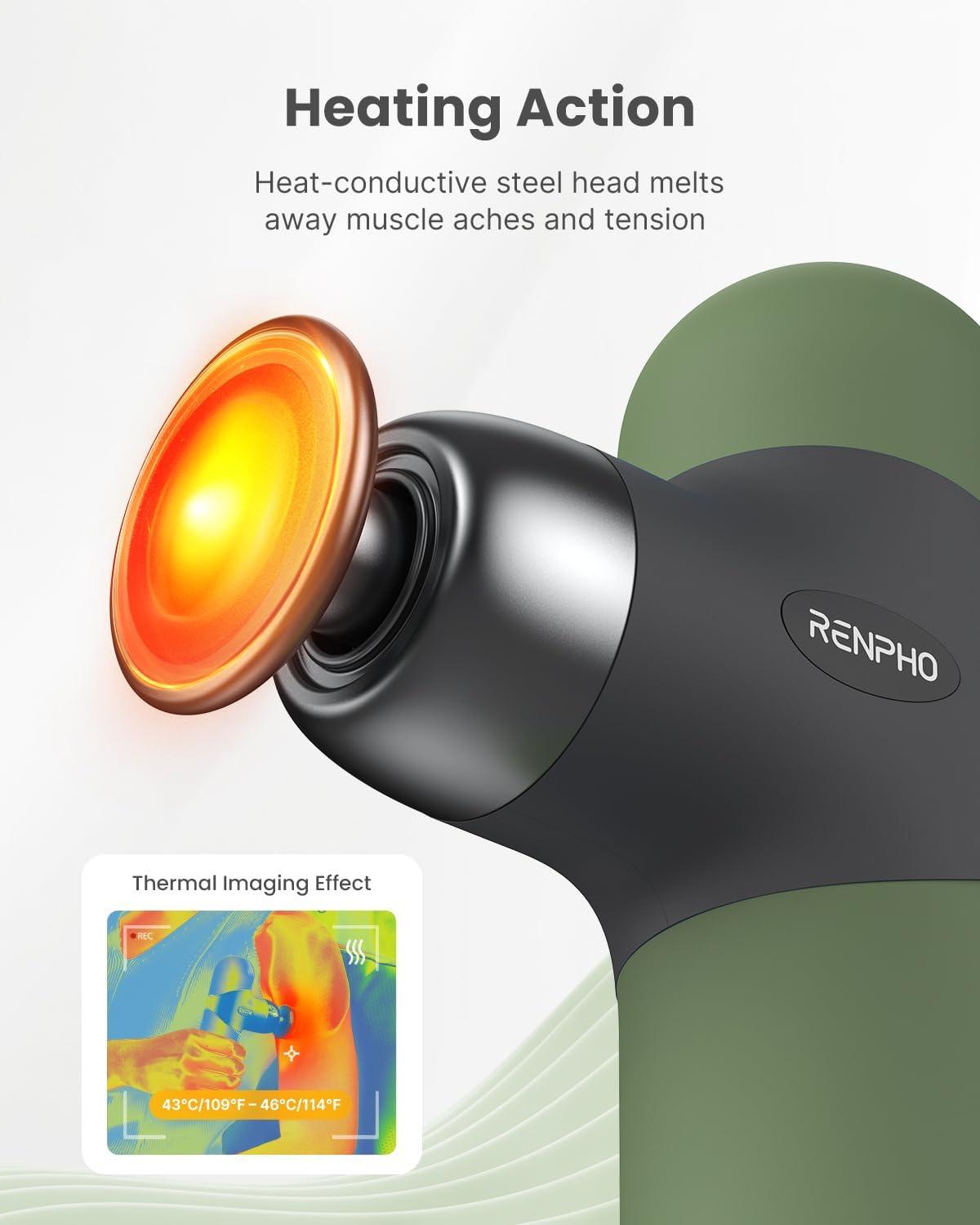 imageRENPHO Mini Thermal Massage Gun with Heat Portable Deep Tissue Percussion Massager Color Silicone Sleeves Travel Size with Carry CaseOlive Drab