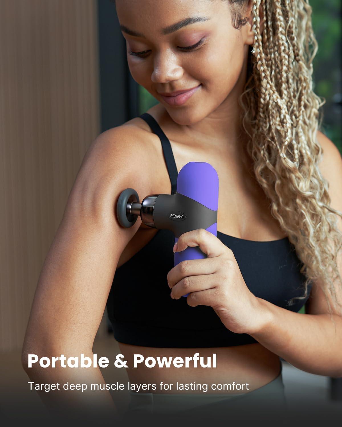 imageRENPHO Mini Thermal Massage Gun with Heat Portable Deep Tissue Percussion Massager Color Silicone Sleeves Travel Size with Carry CasePurple
