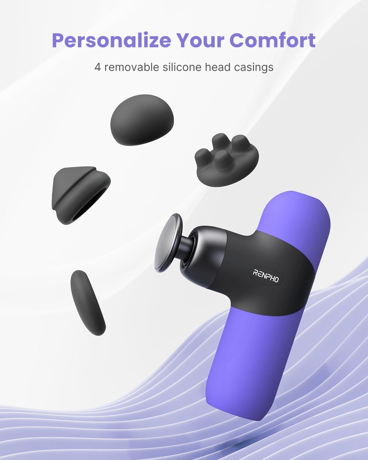 imageRENPHO Mini Thermal Massage Gun with Heat Portable Deep Tissue Percussion Massager Color Silicone Sleeves Travel Size with Carry CasePurple
