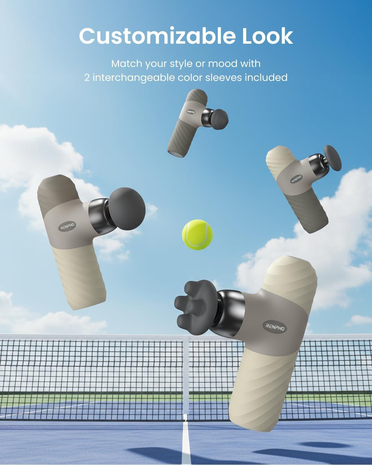 imageRENPHO Mini Thermal Massage Gun with Heat Portable Deep Tissue Percussion Massager Color Silicone Sleeves Travel Size with Carry CaseWhite