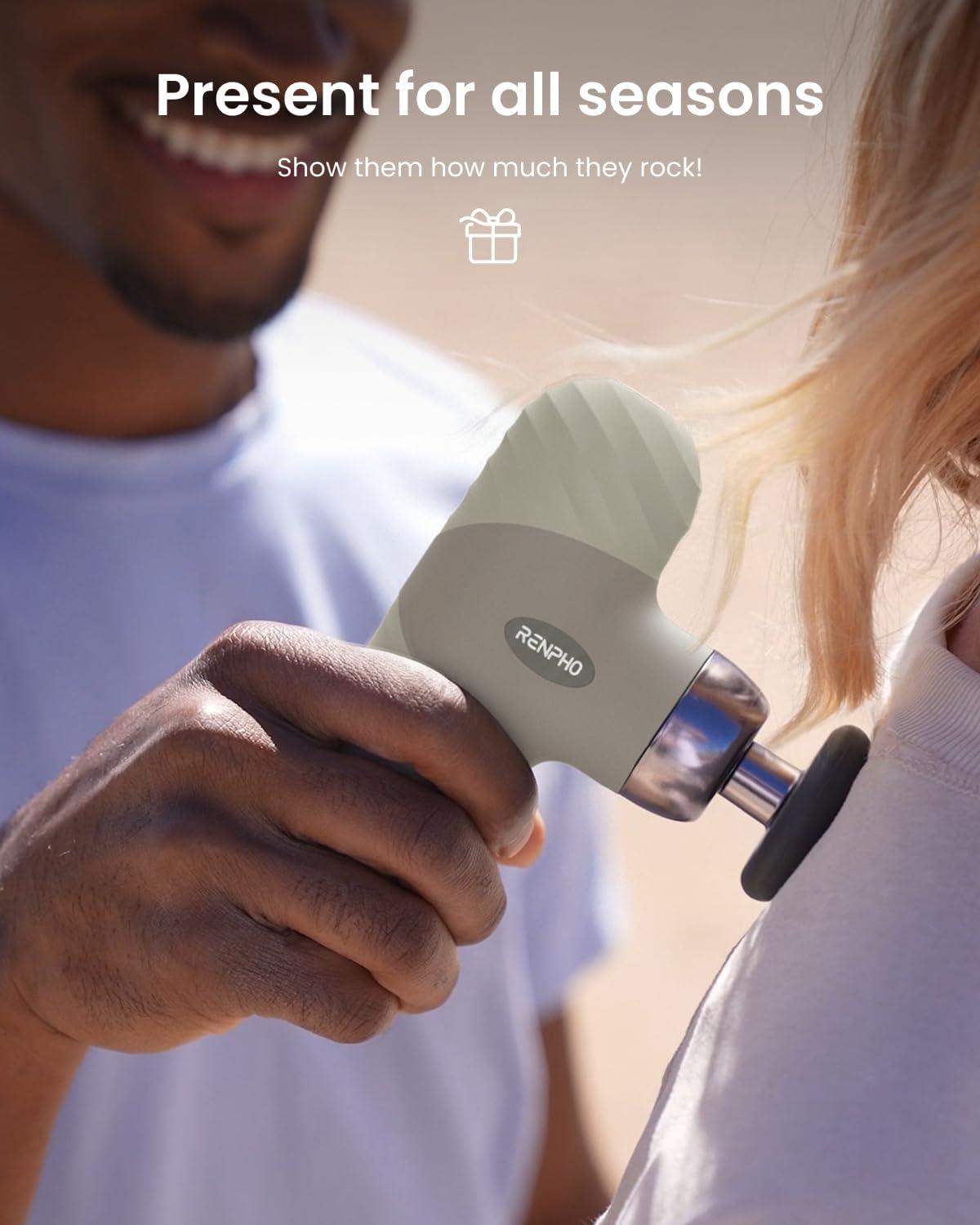 imageRENPHO Mini Thermal Massage Gun with Heat Portable Deep Tissue Percussion Massager Color Silicone Sleeves Travel Size with Carry CaseWhite