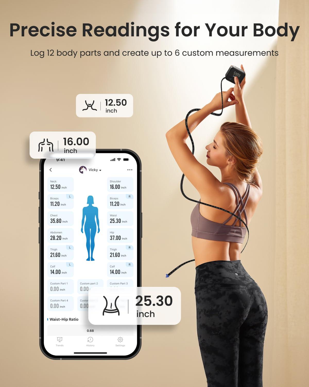 imageRENPHO Scale for Body Weight Smart Scale with BMI Body Fat Muscle Mas and Rechargeable Smart Body Measuring Tape with App
