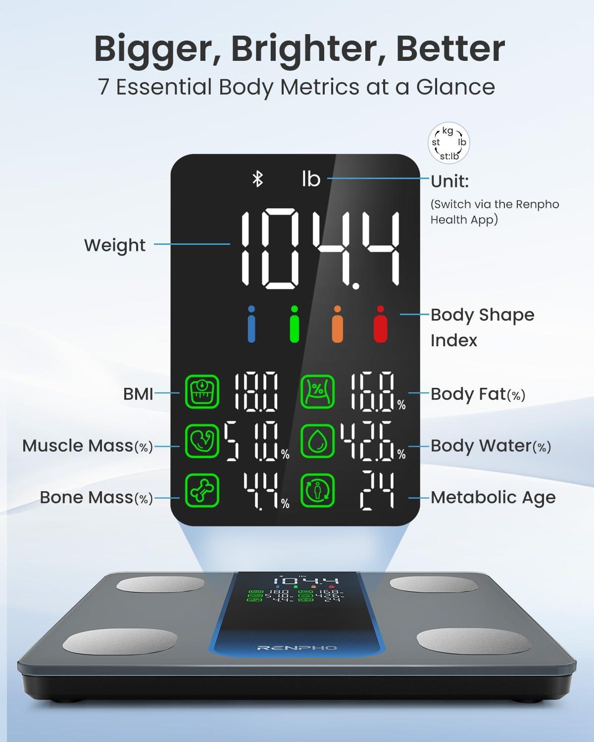 imageRENPHO Smart Scale for Body Weight with 7in1 Large Display RENPHO Rechargeable Smart Body Measuring Tape