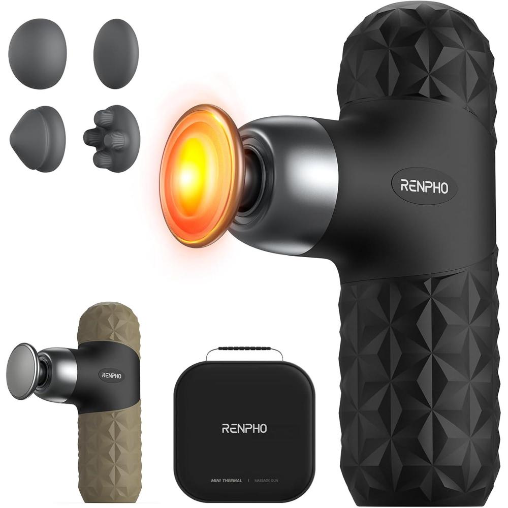 imageRENPHO Mini Thermal Massage Gun with Heat Portable Deep Tissue Percussion Massager Color Silicone Sleeves Travel Size with Carry CaseGreen and Black