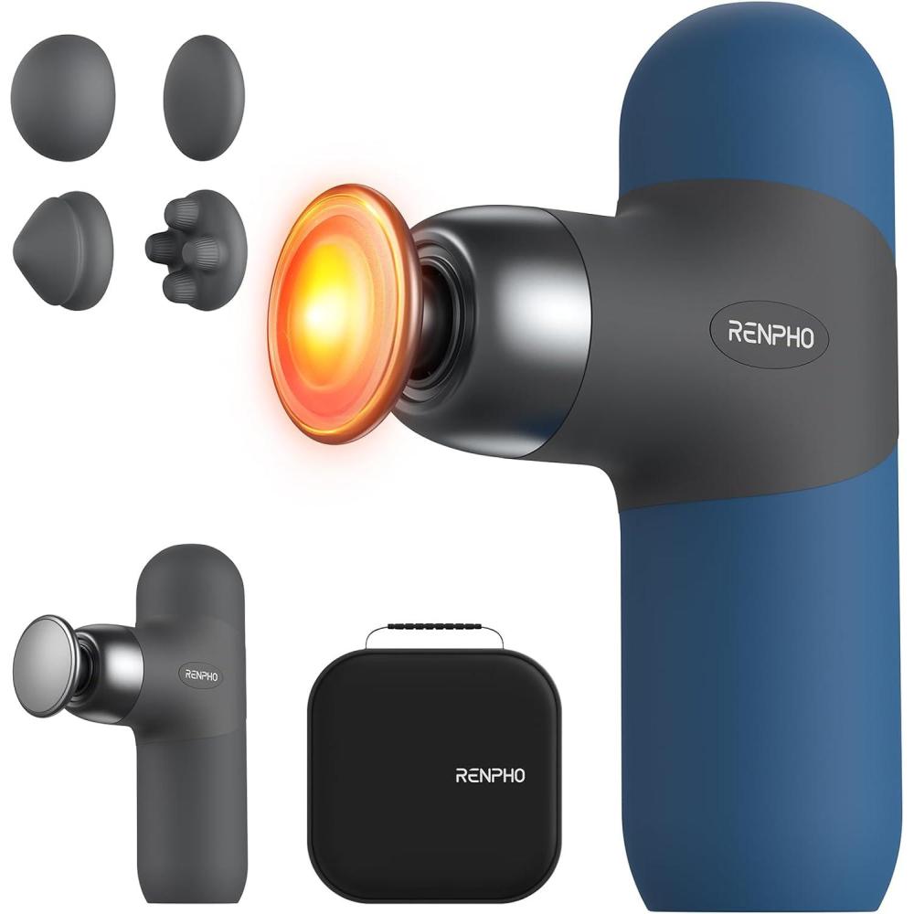 imageRENPHO Mini Thermal Massage Gun with Heat Portable Deep Tissue Percussion Massager Color Silicone Sleeves Travel Size with Carry CaseNavy