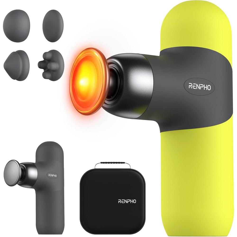 imageRENPHO Mini Thermal Massage Gun with Heat Portable Deep Tissue Percussion Massager Color Silicone Sleeves Travel Size with Carry CaseNeon Green