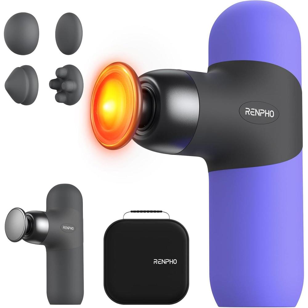 imageRENPHO Mini Thermal Massage Gun with Heat Portable Deep Tissue Percussion Massager Color Silicone Sleeves Travel Size with Carry CasePurple