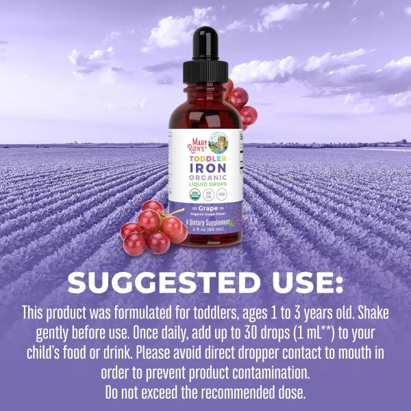 MaryRuth Organics Iron Supplement for Toddlers  Liquid Iron Supplement for Children Ages 13  Iron Supplement for Iron Deficiency  Ferrochel  Sugar Free  Vegan  NonGMO  Gluten Free  2 Fl OzGrape  Toddler