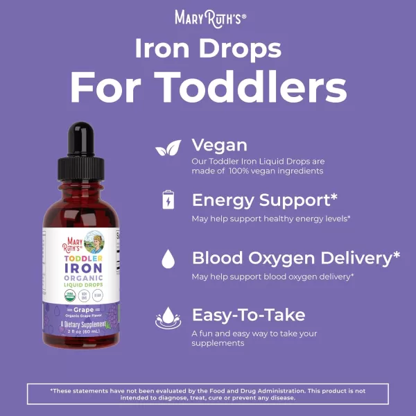 MaryRuth Organics Iron Supplement for Toddlers  Liquid Iron Supplement for Children Ages 13  Iron Supplement for Iron Deficiency  Ferrochel  Sugar Free  Vegan  NonGMO  Gluten Free  2 Fl OzGrape  Toddler