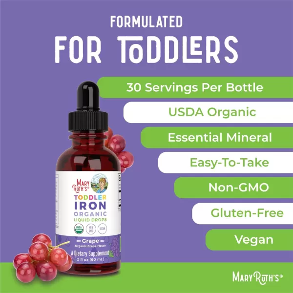 MaryRuth Organics Iron Supplement for Toddlers  Liquid Iron Supplement for Children Ages 13  Iron Supplement for Iron Deficiency  Ferrochel  Sugar Free  Vegan  NonGMO  Gluten Free  2 Fl OzGrape  Toddler