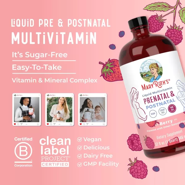 MaryRuth Organics Postnatal ampamp Prenatal Vitamins for Women  Sugar Free  Womens Multivitamin for PreConception Pregnancy ampamp Nursing  Ginger  Selenium  Folate  Vegan  NonGMO  Gluten Free  32ozRaspberry