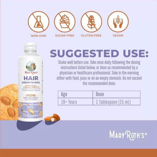 MaryRuths Womens Hair Growth MAX Liposomal  With Lustriva  Biotin 10000mcg  Pumpkin Seed Oil Thicker Hair  Hair Care  Wrinkles Fine Lines Skin Care  Ages 18  1522 Fl OzAlmond Cookie