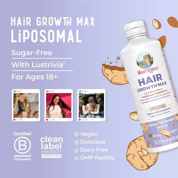 MaryRuths Womens Hair Growth MAX Liposomal  With Lustriva  Biotin 10000mcg  Pumpkin Seed Oil Thicker Hair  Hair Care  Wrinkles Fine Lines Skin Care  Ages 18  1522 Fl OzAlmond Cookie