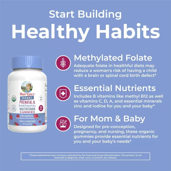 Prenatal Vitamins for Women by MaryRuths  USDA Organic Prenatal Gummies  Postnatal Vitamins for Women Breastfeeding  Methylfolate 800 mcg DFE  Iodine  Vegan  Non GMO  30 Servings