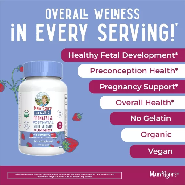 Prenatal Vitamins for Women by MaryRuths  USDA Organic Prenatal Gummies  Postnatal Vitamins for Women Breastfeeding  Methylfolate 800 mcg DFE  Iodine  Vegan  Non GMO  30 Servings