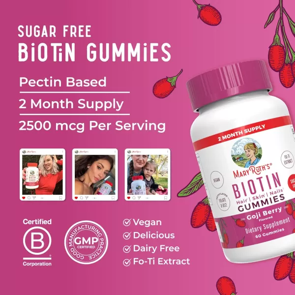 Biotin Gummies by MaryRuths  Sugar Free  2 Month Supply  Nutrients for Hair Skin ampamp Nails  Biotin 2500mcg  Zinc  B Vitamins  Biotin Gummies for Hair  Vegan  NonGMO  Gluten Free  60 CountBerry