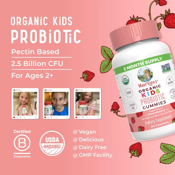 Kids Probiotics for Digestive Health  USDA Organic Probiotic Gummies  2 Month Supply  Probiotics for Kids  Immune Support  Gut Health Supplement  Vegan  NonGMO  Gluten Free  60 CountStrawberry