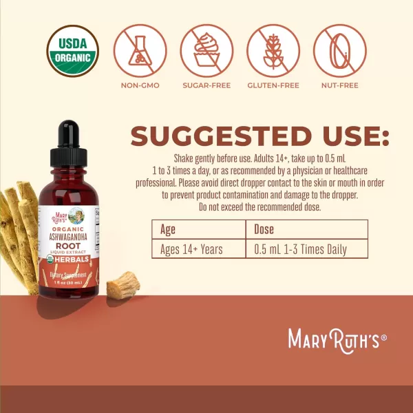 MaryRuth Organics Ashwagandha Root  USDA Organic Ashwagandha Liquid Drops  Stress Relief Natural Calm Relaxation and Mood Support Supplement  Adaptogenic  Nervine  Vegan  NonGMO  60 ServingsUnflavoured