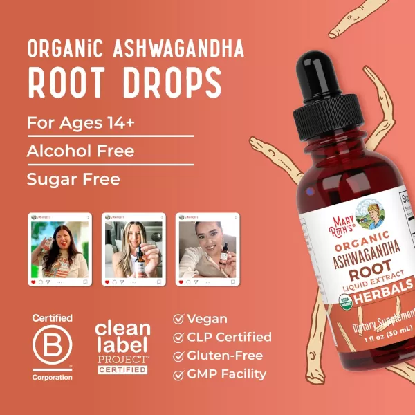 MaryRuth Organics Ashwagandha Root  USDA Organic Ashwagandha Liquid Drops  Stress Relief Natural Calm Relaxation and Mood Support Supplement  Adaptogenic  Nervine  Vegan  NonGMO  60 ServingsUnflavoured