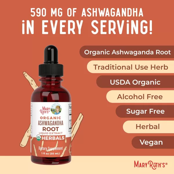 MaryRuth Organics Ashwagandha Root  USDA Organic Ashwagandha Liquid Drops  Stress Relief Natural Calm Relaxation and Mood Support Supplement  Adaptogenic  Nervine  Vegan  NonGMO  60 ServingsUnflavoured