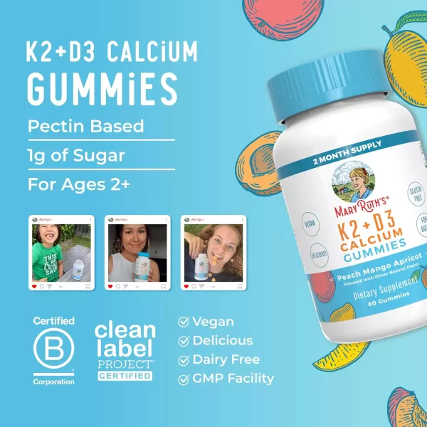 MaryRuth Organics Calcium with Vitamin D ampamp Vitamin K2 2 Month Supply Calcium Supplement Supports Bone Health ampamp Joint Support with Vitamins D3 K2 Gummies Vegan NonGMO Gluten Free 60 CountMango