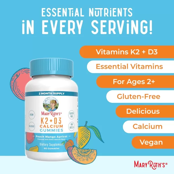 MaryRuth Organics Calcium with Vitamin D ampamp Vitamin K2 2 Month Supply Calcium Supplement Supports Bone Health ampamp Joint Support with Vitamins D3 K2 Gummies Vegan NonGMO Gluten Free 60 CountMango