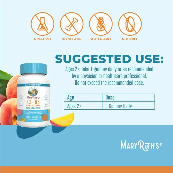 MaryRuth Organics Calcium with Vitamin D ampamp Vitamin K2 2 Month Supply Calcium Supplement Supports Bone Health ampamp Joint Support with Vitamins D3 K2 Gummies Vegan NonGMO Gluten Free 60 CountMango