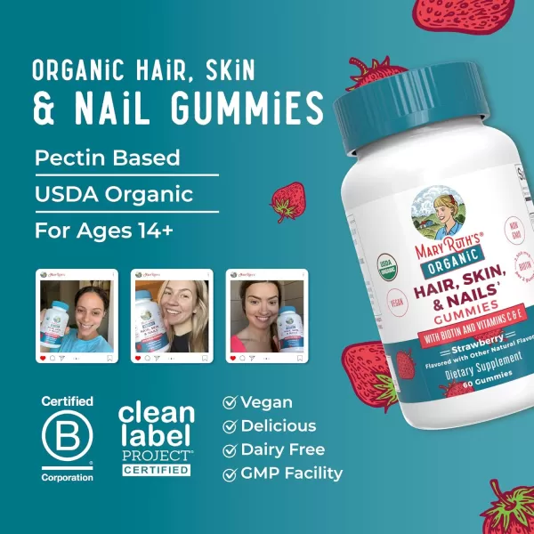 MaryRuth Organics Hair  Skin  and Nails Vitamins  Biotin Gummies with Vitamin C ampamp Vitamin E  Hair Growth Vitamins  Skin Care  Nail Strength  USDA Organic Gummies for Ages 14  60 CountStrawberry