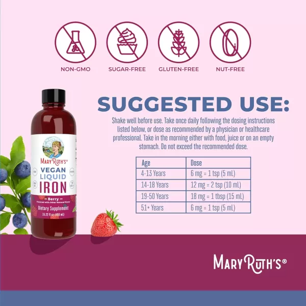 MaryRuth Organics Iron Supplement for Women Men ampamp Kids Liquid Iron Supplement for Women Men ampamp Kids Iron for Healthy Blood ampamp Oxygen Ages 4 ampamp Up Sugar Free Vegan NonGMO Gluten Free 1522 Fl OzBerry