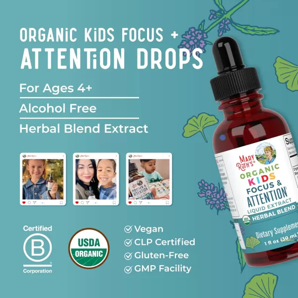 MaryRuth Organics Kids Brain Supplements for Memory and Focus USDA Organic Drops with Ginkgo Biloba Rhodiola Root ampamp Licorice Root Focus ampamp Attention Calm Vegan NonGMO Gluten Free 30 ServingsUnflavored