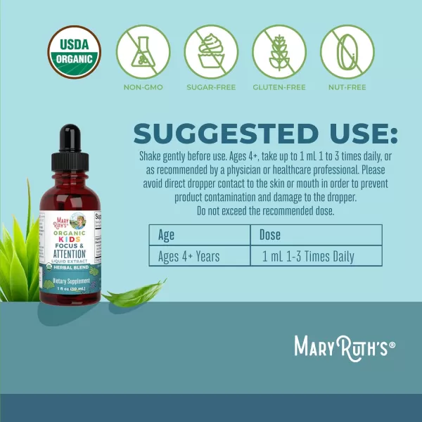 MaryRuth Organics Kids Brain Supplements for Memory and Focus USDA Organic Drops with Ginkgo Biloba Rhodiola Root ampamp Licorice Root Focus ampamp Attention Calm Vegan NonGMO Gluten Free 30 ServingsUnflavored