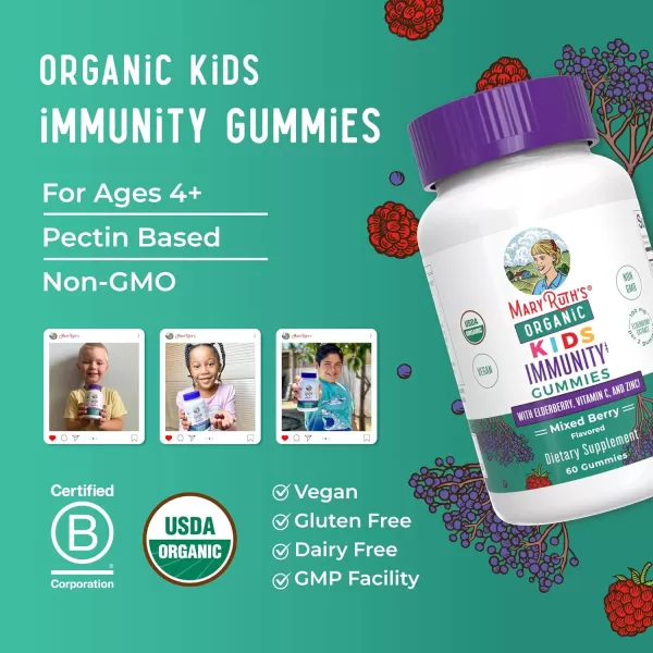 MaryRuth Organics Kids Immune Support Gummies  USDA Organic  Vitamin C Zinc and Elderberry Gummies for Kids Immune Support for Kids Ages 4  Vegan  NonGMO  Gluten Free  60 CountMixed Berry