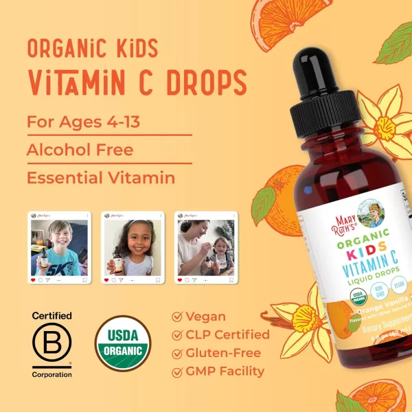 MaryRuth Organics USDA Organic Kids Vitamin C Drops  Vegan Vitamin C Immune Support Supplement for Ages 413  Immune Support ampamp Overall Health  Vitamin C from Organic Acerola Fruit Extract  2oz