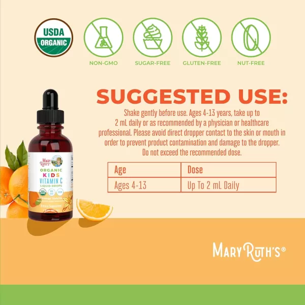 MaryRuth Organics USDA Organic Kids Vitamin C Drops  Vegan Vitamin C Immune Support Supplement for Ages 413  Immune Support ampamp Overall Health  Vitamin C from Organic Acerola Fruit Extract  2oz