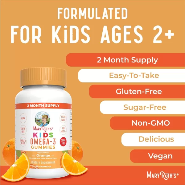 MaryRuth Organics Vegan Omega 3 Gummies for Kids 2 2 Month Supply Sugar Free Omega 3 Supplement with Vitamin C Flaxseed Oil Immune Support Essential Nutrient ALA No Fish Taste 60 CountOrange