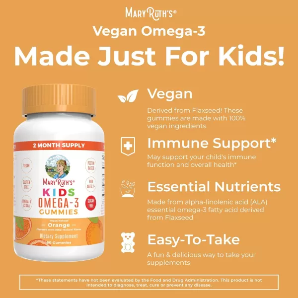 MaryRuth Organics Vegan Omega 3 Gummies for Kids 2 2 Month Supply Sugar Free Omega 3 Supplement with Vitamin C Flaxseed Oil Immune Support Essential Nutrient ALA No Fish Taste 60 CountOrange