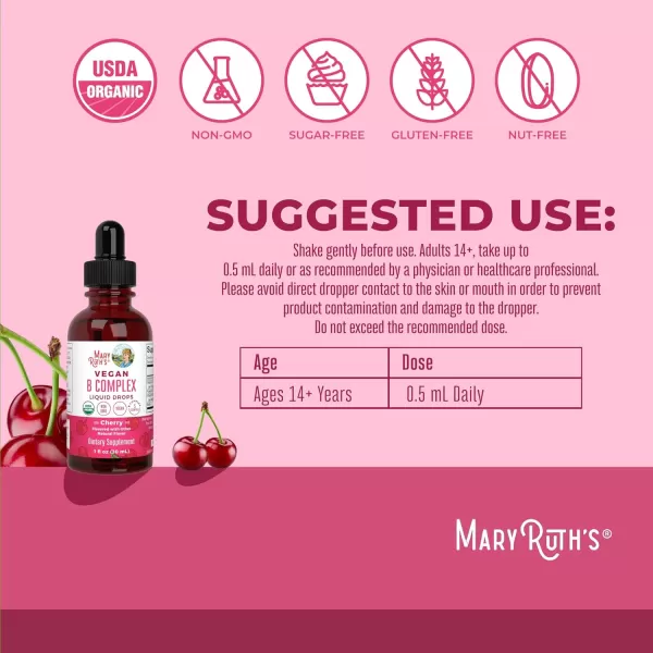 MaryRuth Organics Vitamin B Complex  B Vitamins Complex  Biotin  Vitamin B12  Niacin  Folate  Metabolic Support Supplement  Vegan  USDA Organic  NonGMO  Gluten Free  2 Month SupplyCherry