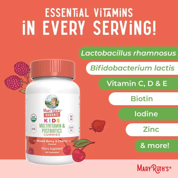 MaryRuths Kids Multivitamin Gummies  Postbiotics  USDA Organic Vitamins for Kids with Lactobacillus Rhamnosus  Vegan NonGMO  Multi with Postbiotics for Ages 4  60 Count