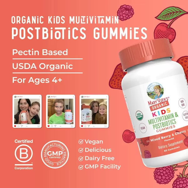 MaryRuths Kids Multivitamin Gummies  Postbiotics  USDA Organic Vitamins for Kids with Lactobacillus Rhamnosus  Vegan NonGMO  Multi with Postbiotics for Ages 4  60 Count