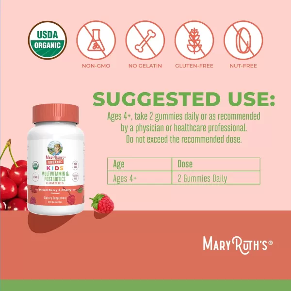 MaryRuths Kids Multivitamin Gummies  Postbiotics  USDA Organic Vitamins for Kids with Lactobacillus Rhamnosus  Vegan NonGMO  Multi with Postbiotics for Ages 4  60 Count