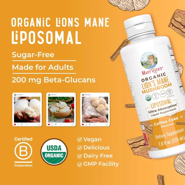 Organic Lions Mane Supplement by MaryRuths  Ultra Absorption Liposomal  Full Spectrum Lions Mane Mushroom  200mg BetaGlucans Per Serving  USDA Organic  Vegan  76 oz  15 Servings