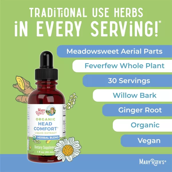 USDA Organic Head Comfort Liquid Extract Herbal Blend by MaryRuths  Ginger Root  Willow Bark  Feverfew Whole Plant  Meadowsweet Traditional Herbs  NonGMO  Vegan  Gluten Free  1 Fl Oz