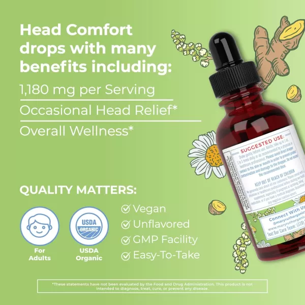 USDA Organic Head Comfort Liquid Extract Herbal Blend by MaryRuths  Ginger Root  Willow Bark  Feverfew Whole Plant  Meadowsweet Traditional Herbs  NonGMO  Vegan  Gluten Free  1 Fl Oz