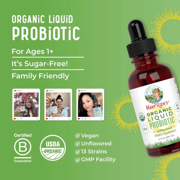 USDA Organic Liquid Probiotic by MaryRuths  Digestive Health  Gut Health  Probiotics for Women  Probiotics for Men  Probiotics for Kids  Acidophilus Probiotic  Vegan  NonGMO  40 ServingsUnflavored