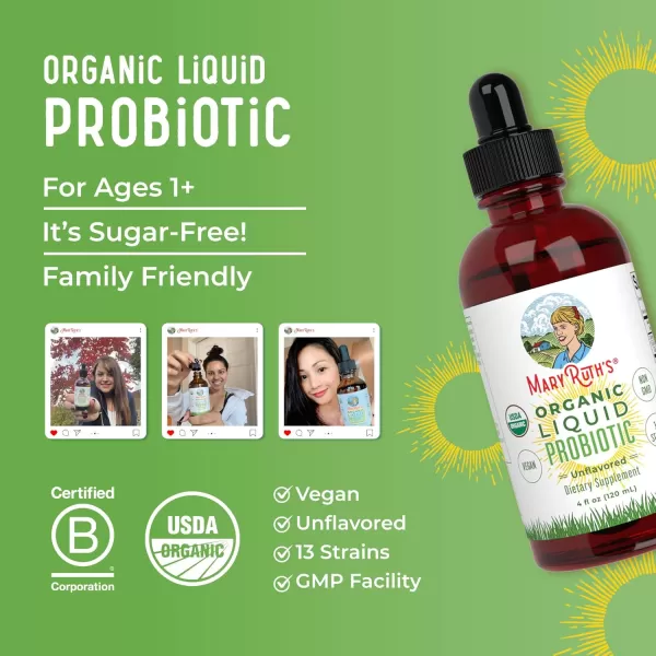 USDA Organic Liquid Probiotic by MaryRuths  Digestive Health  Gut Health  Probiotics for Women  Probiotics for Men  Probiotics for Kids  Acidophilus Probiotic  Vegan  NonGMO  40 ServingsUnflavored